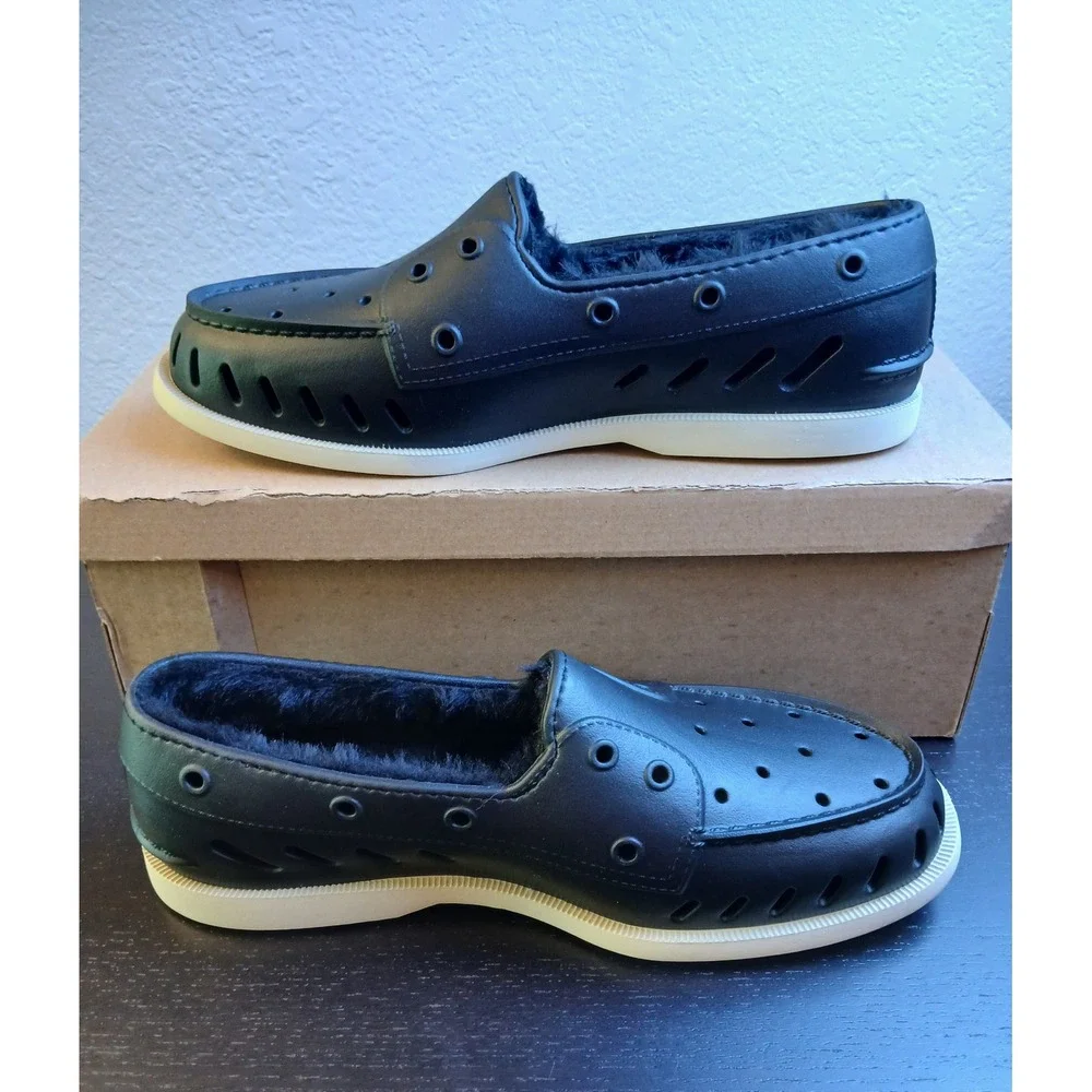 Sperry Mens Authentic Original Float Black Faux Fur Lined Boat Shoes fits mens 9